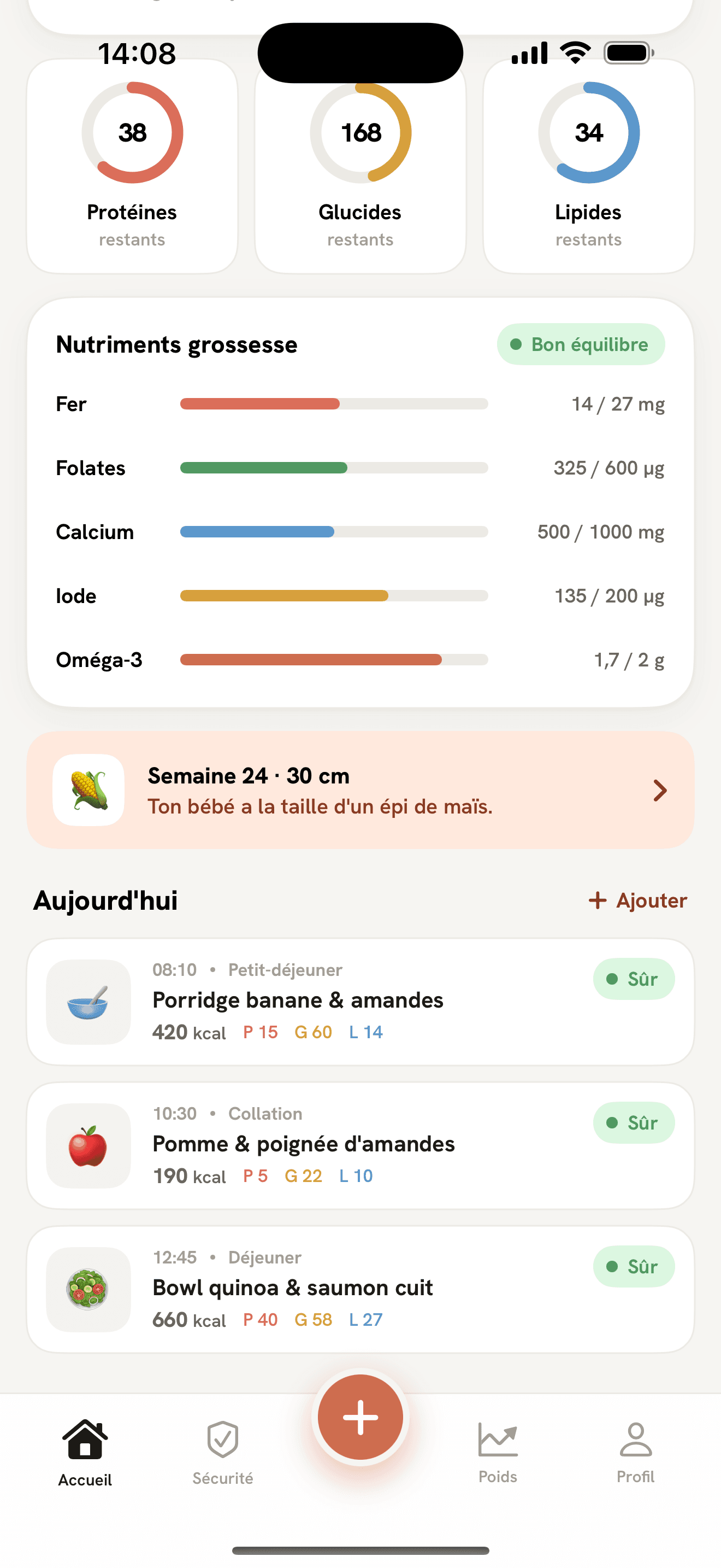 Repas du jour dans Muka avec calories et macros estimées