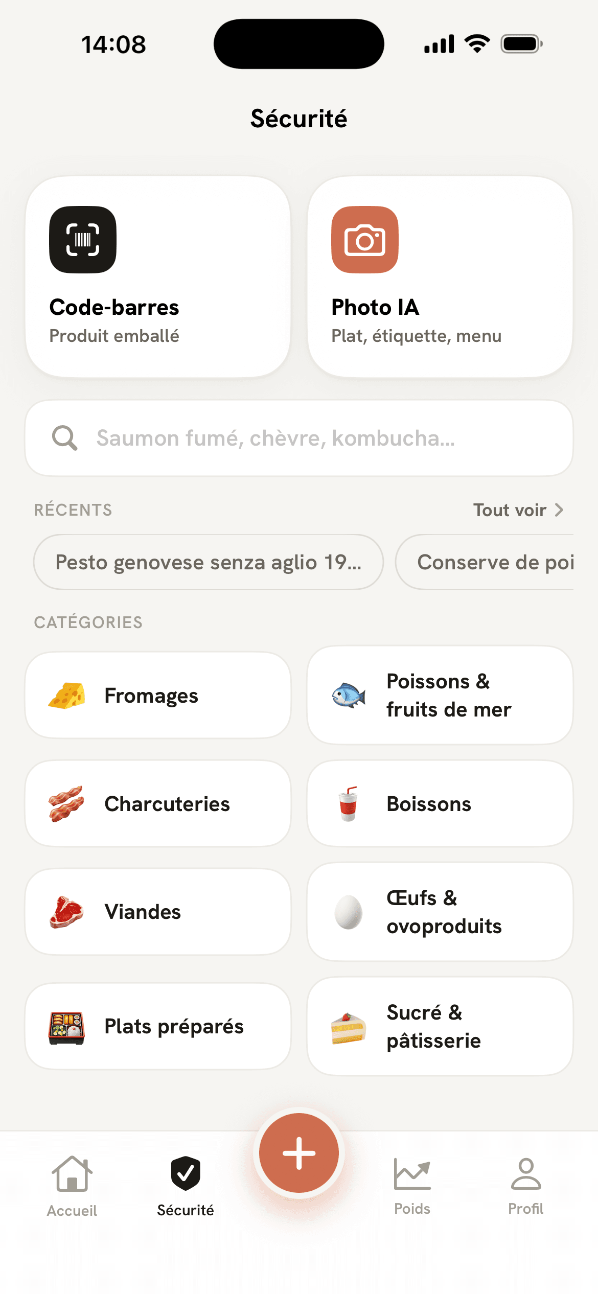 Écran Sécurité de Muka : scanner code-barres, photo IA et catégories d'aliments