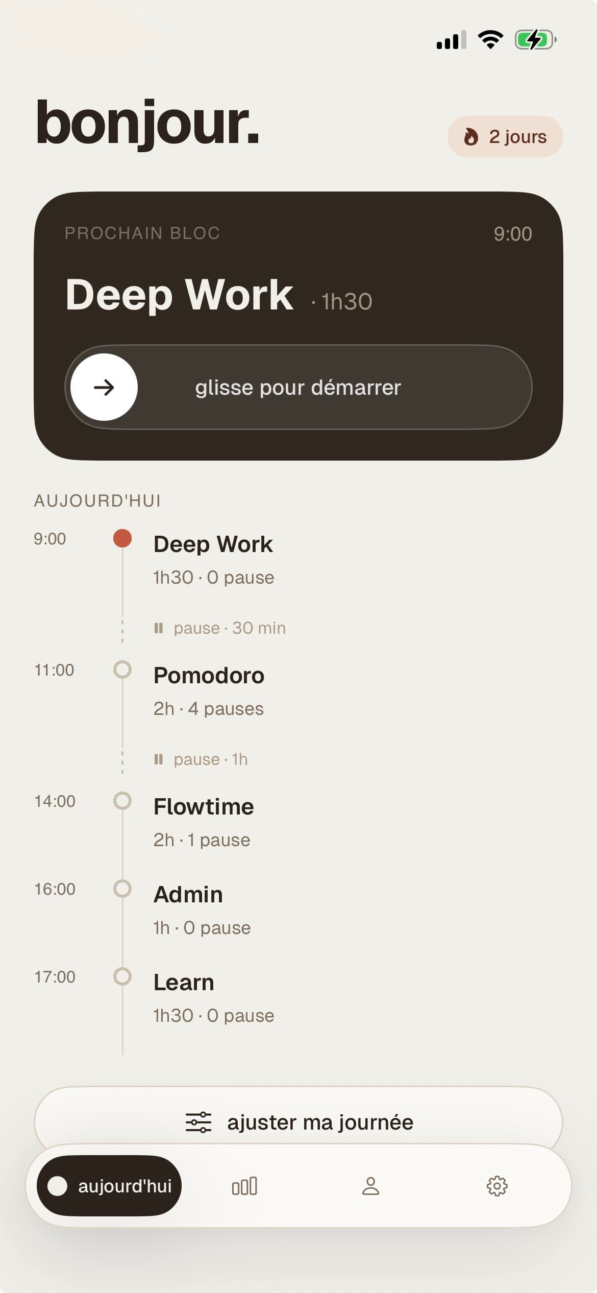Écran Today de l'app Work — planning de la journée