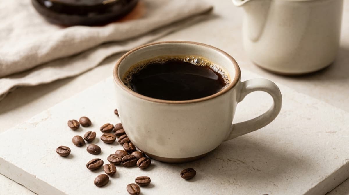 Cup of coffee with coffee beans — caffeine during pregnancy