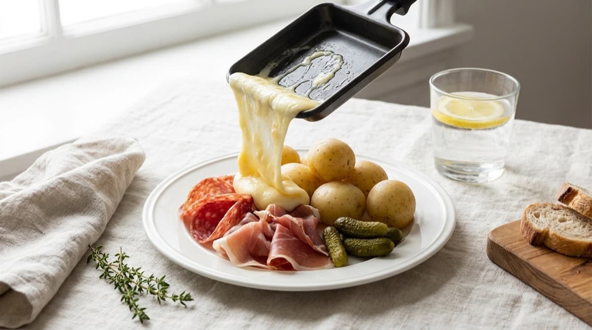 Raclette fondue versée sur pommes de terre et charcuterie — enceinte ?
