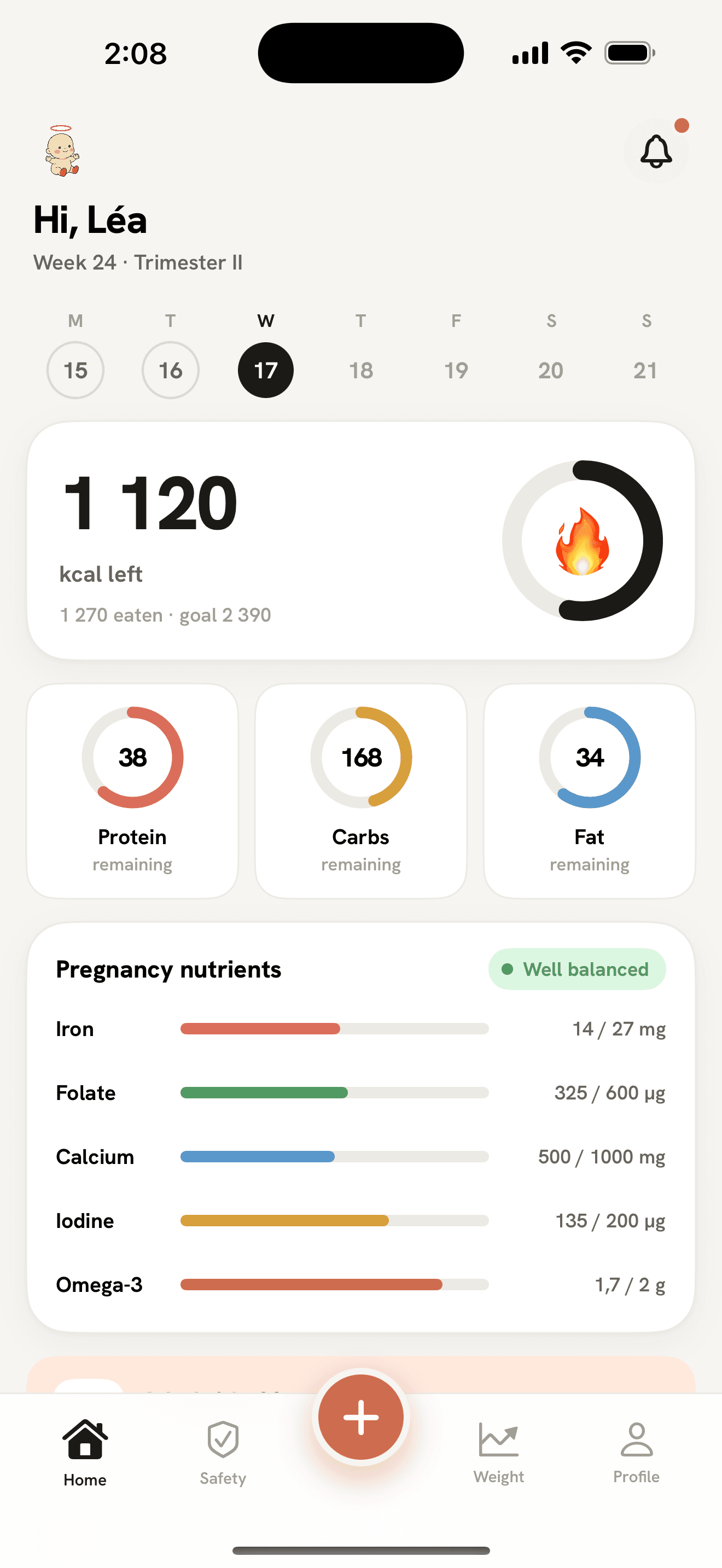 Muka nutrition dashboard with calories, macros and pregnancy micronutrients