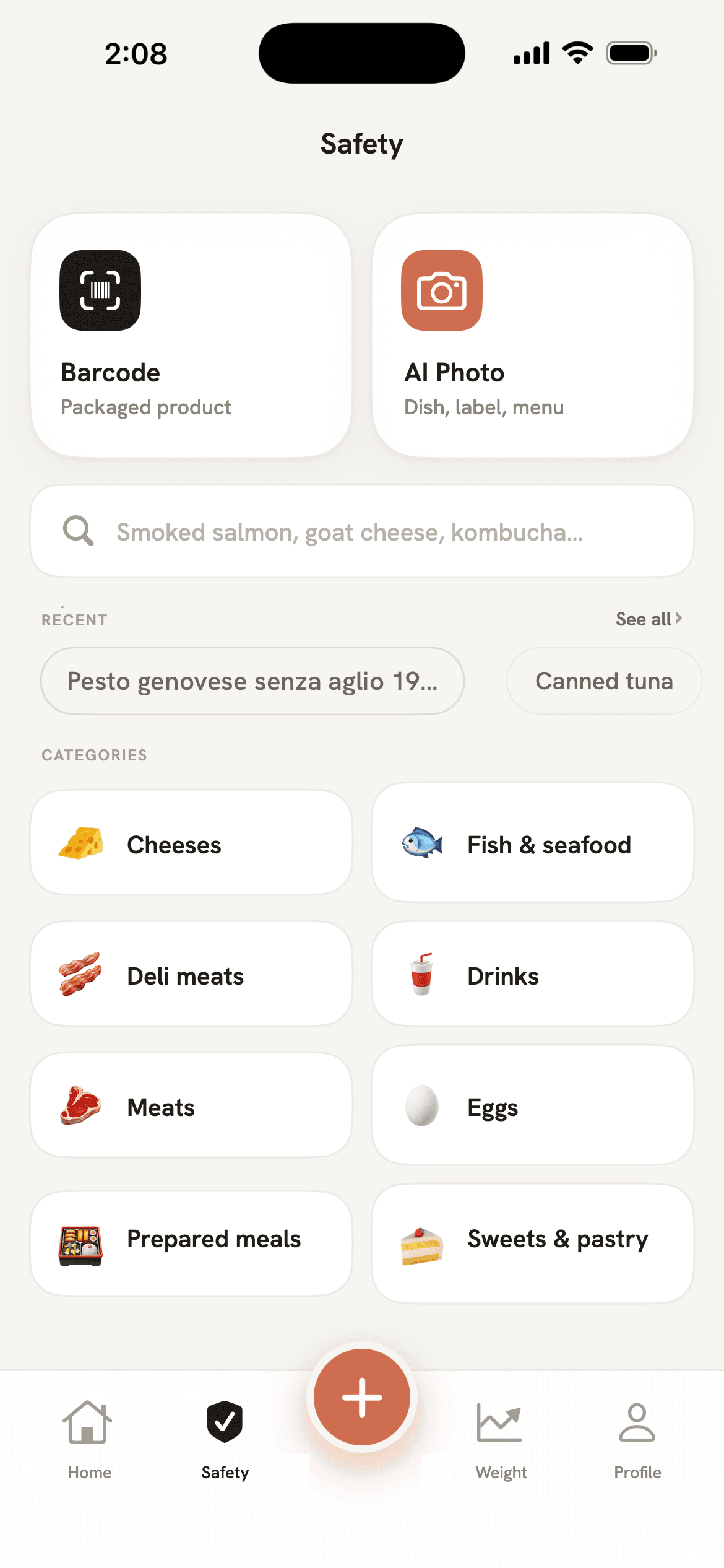 Muka Safety screen: barcode scanner, AI photo and food categories