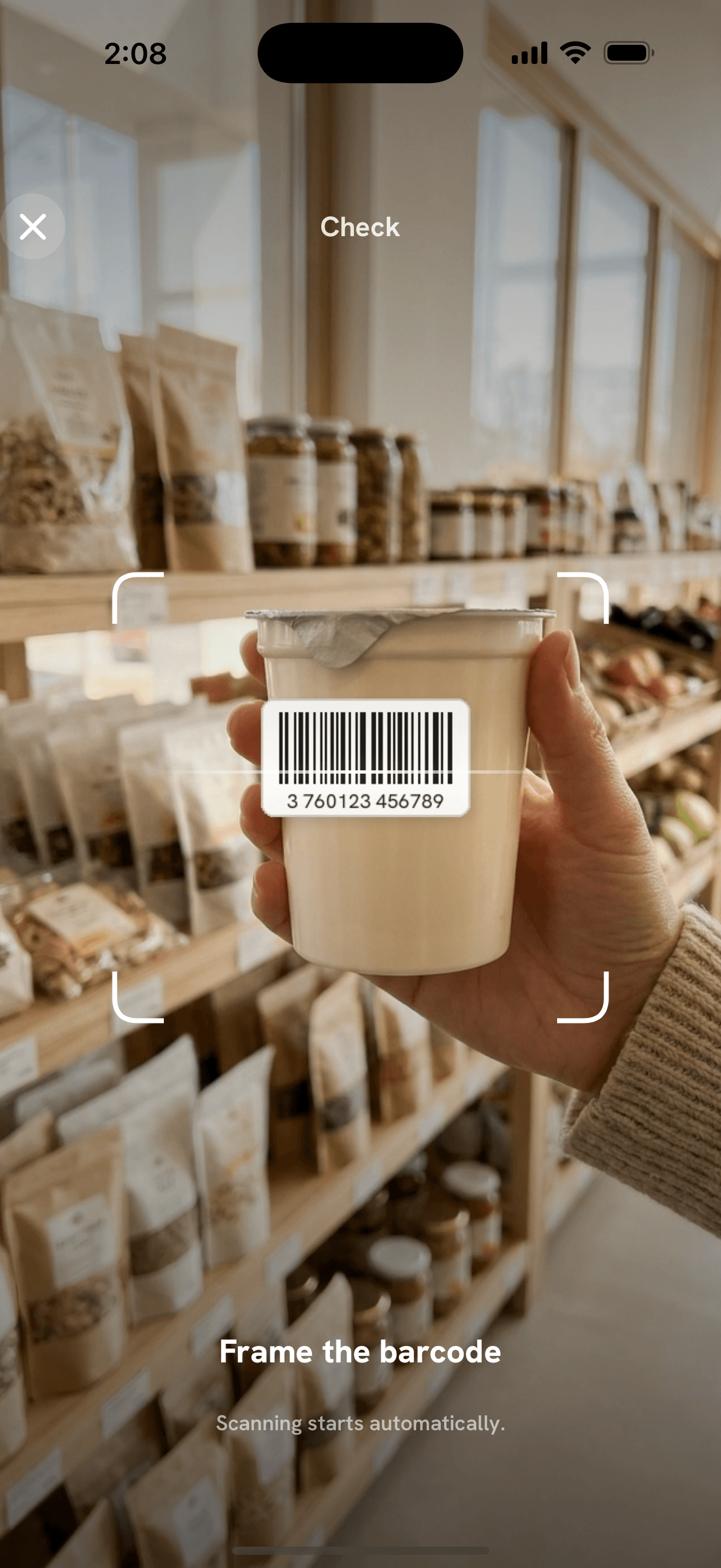 Scanning a barcode in a grocery store with Muka