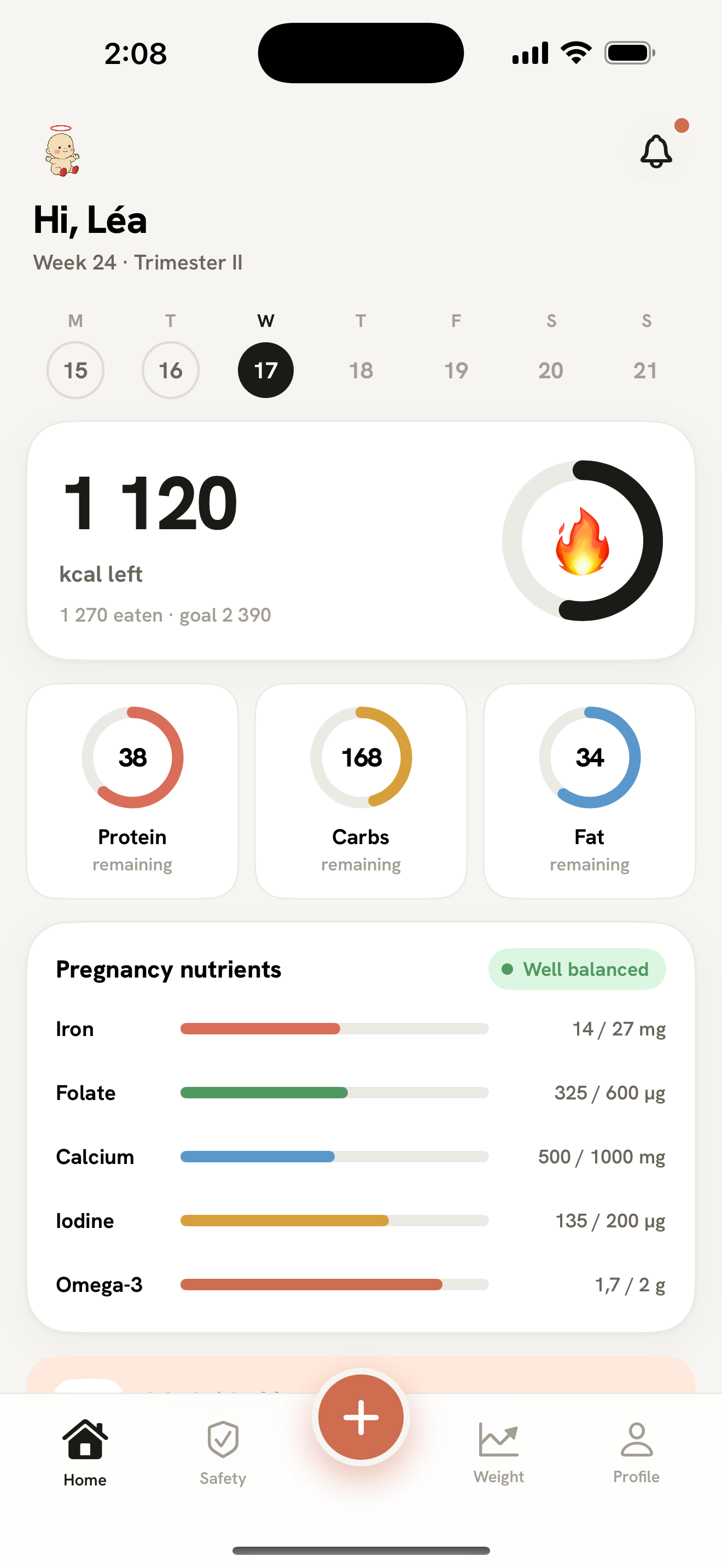 Muka nutrition dashboard: calories, protein, carbs, fat and pregnancy micronutrients